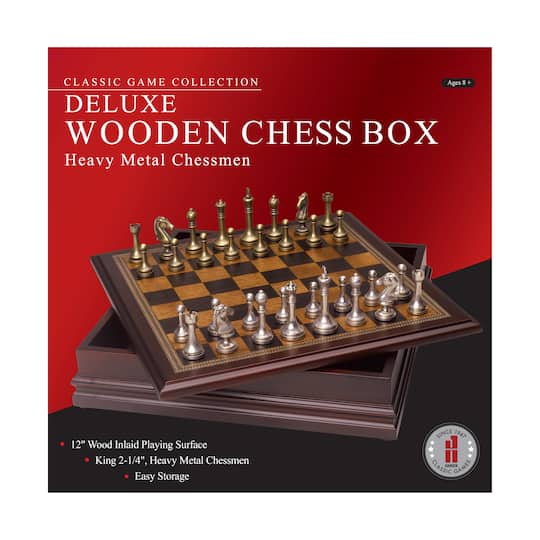 Classic Game Collection Deluxe Wooden Chess Box with Heavy Metal Chessmen